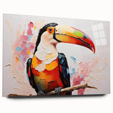 Acrylic glass wall art featuring a vibrant tropical bird design, showcasing rich colors and intricate details, ideal for enhancing modern home decor.