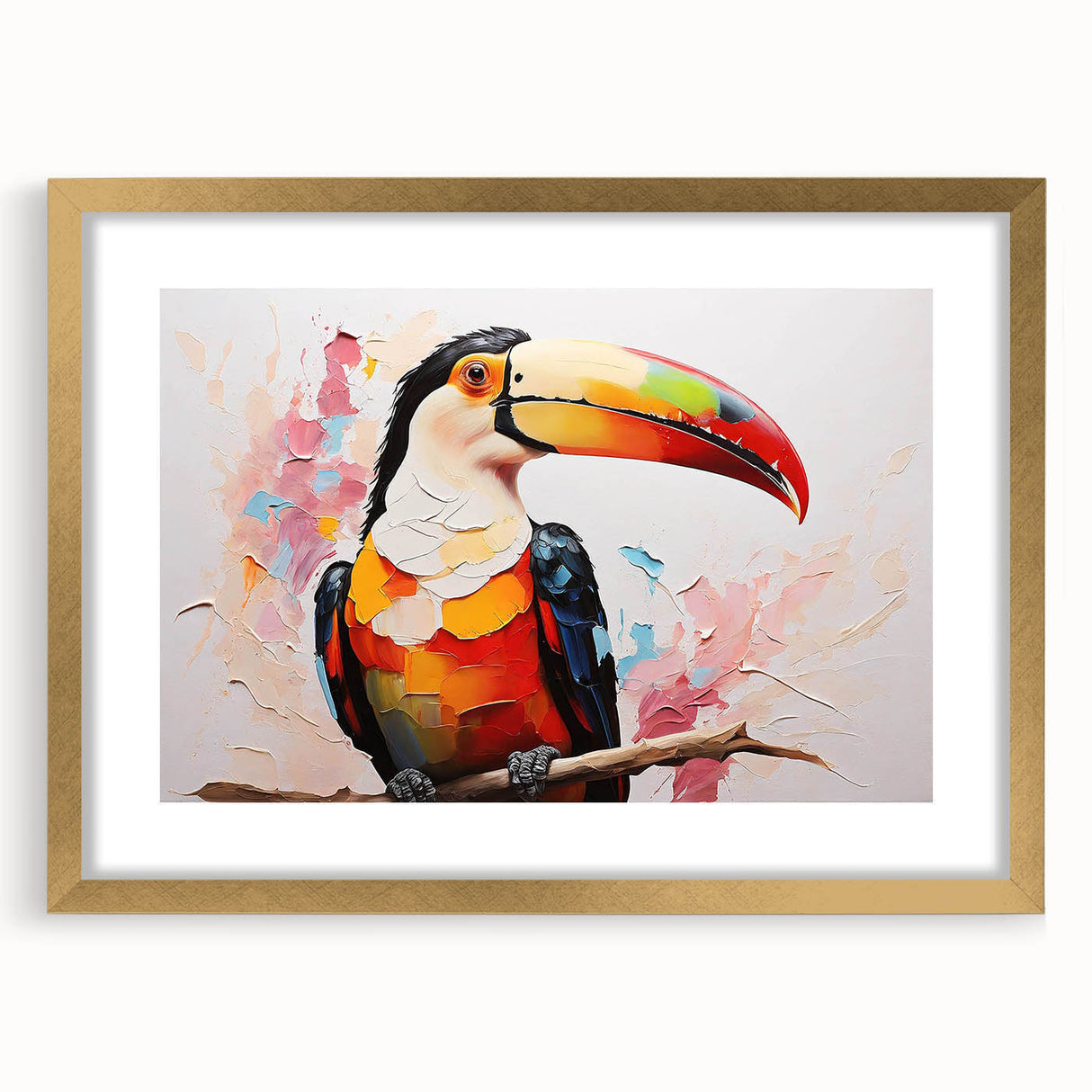 Tropical bird wall art framed with a gold mat, showcasing vibrant colors and intricate designs. Perfect for home decor, adding a touch of nature-inspired elegance.