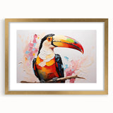 Tropical bird wall art framed with a gold mat, showcasing vibrant colors and intricate designs. Perfect for home decor, adding a touch of nature-inspired elegance.