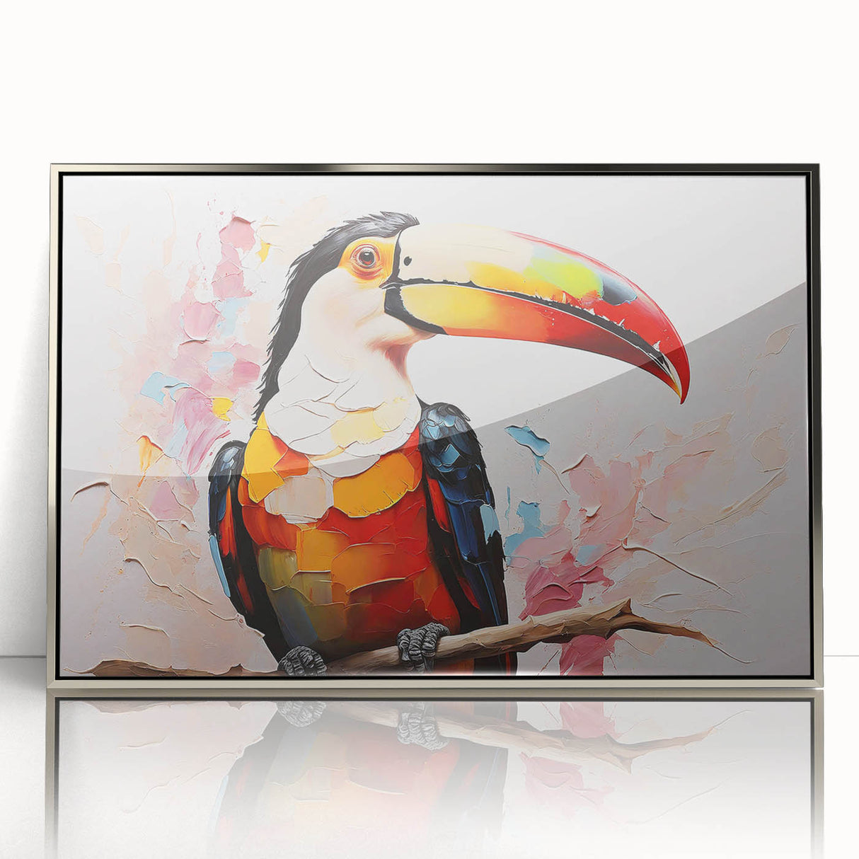 Framed wall art showcasing a tropical birds design with vibrant colors, set in a sleek silver frame, perfect for enhancing home decor and adding a lively atmosphere.
