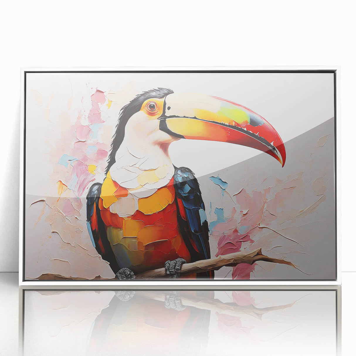 Framed wall art showcasing a vibrant tropical bird design, featuring colorful feathers and lush foliage, set in a sleek white frame for modern decor. Ideal for enhancing interior spaces with a lively, nature-inspired aesthetic.