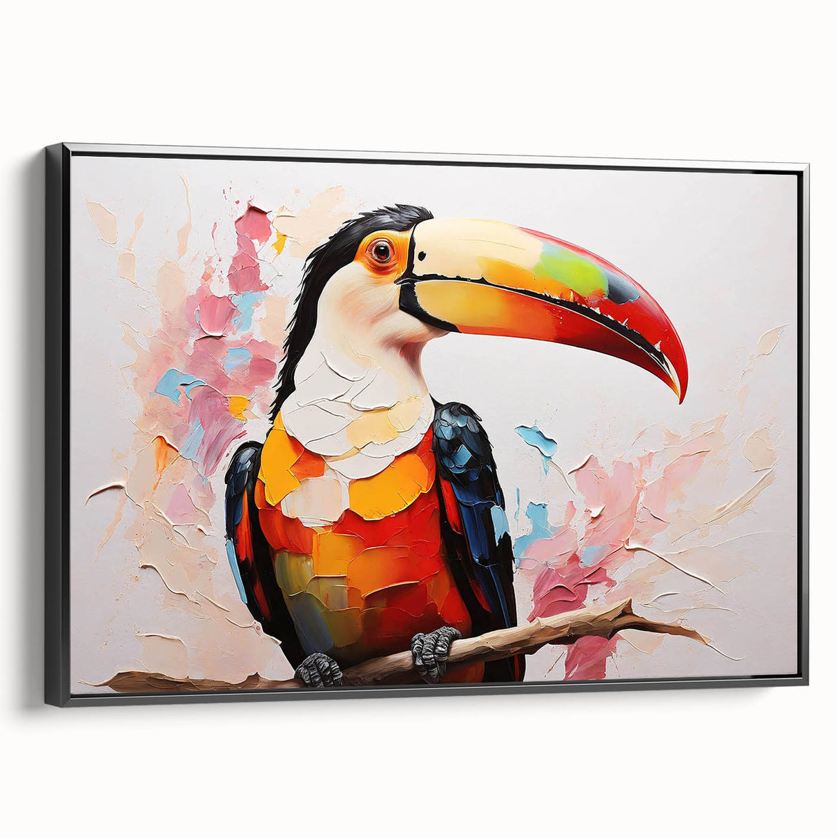 Framed wall art featuring a vibrant tropical birds design, showcasing colorful parakeets and exotic foliage against a sleek black frame, perfect for enhancing home decor.