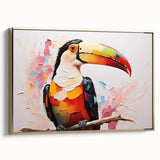 Framed wall art featuring a vibrant tropical birds design with gold accents, showcasing colorful avian illustrations against a soft background, ideal for home decor.