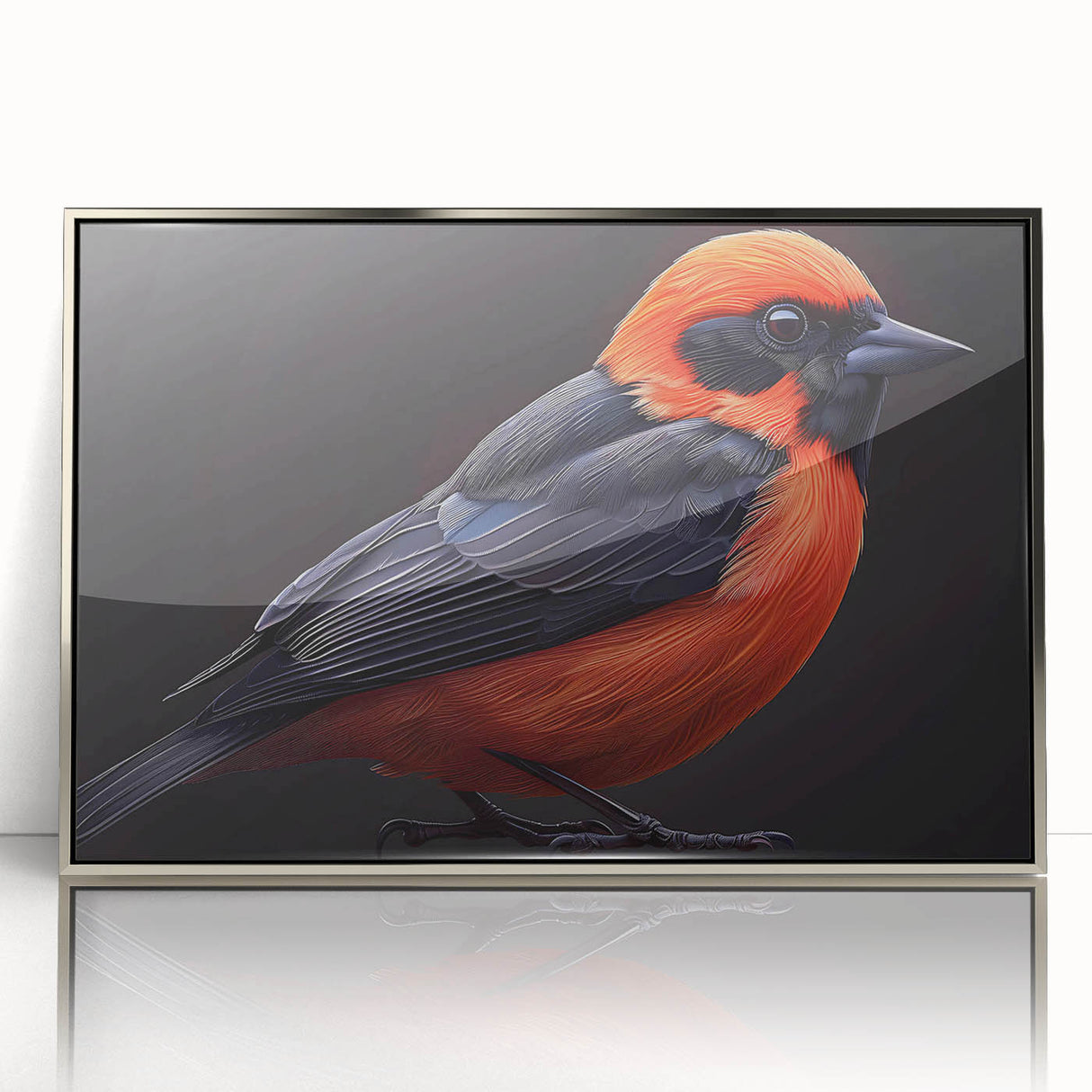 Framed wall art featuring a vibrant tropical birds design with colorful details, set in an elegant silver frame, perfect for enhancing home decor.