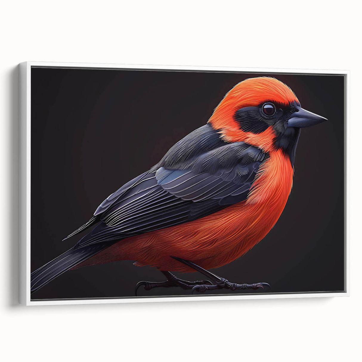 Framed canvas wall art showcasing a vibrant tropical birds design in a white frame, perfect for home decor. The piece features bright colors and intricate details, ideal for adding a lively touch to any room.