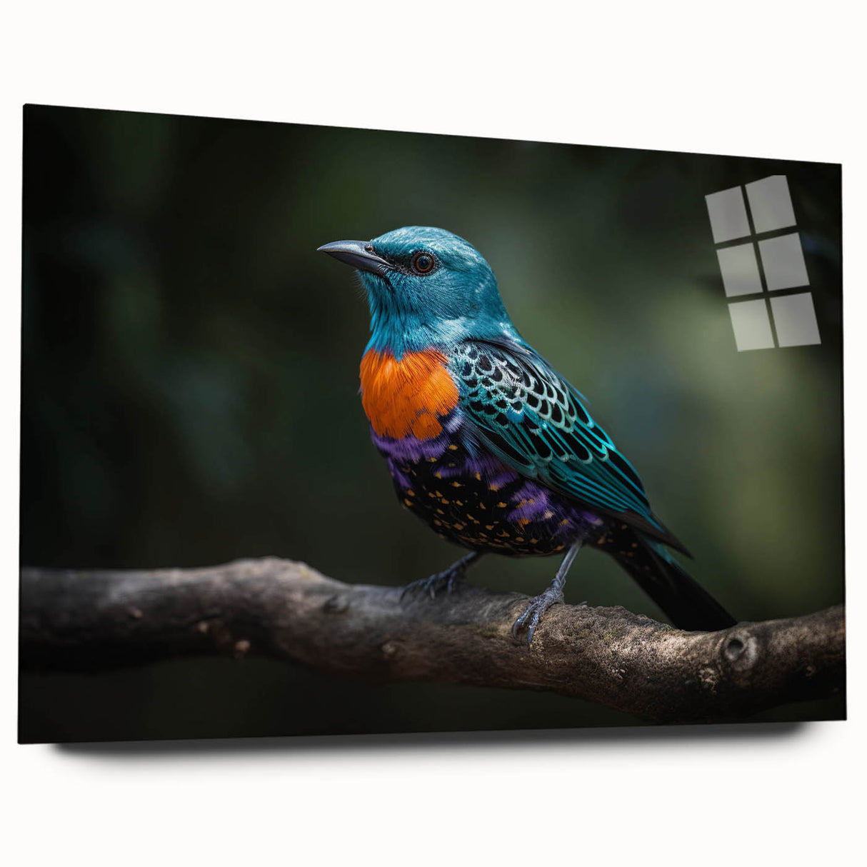 Vibrant tropical birds wall art design showcased in an acrylic glass frame from the Birds Design 37 collection, emphasizing colorful parrot motifs and intricate details. Ideal for adding a lively touch to modern home decor.