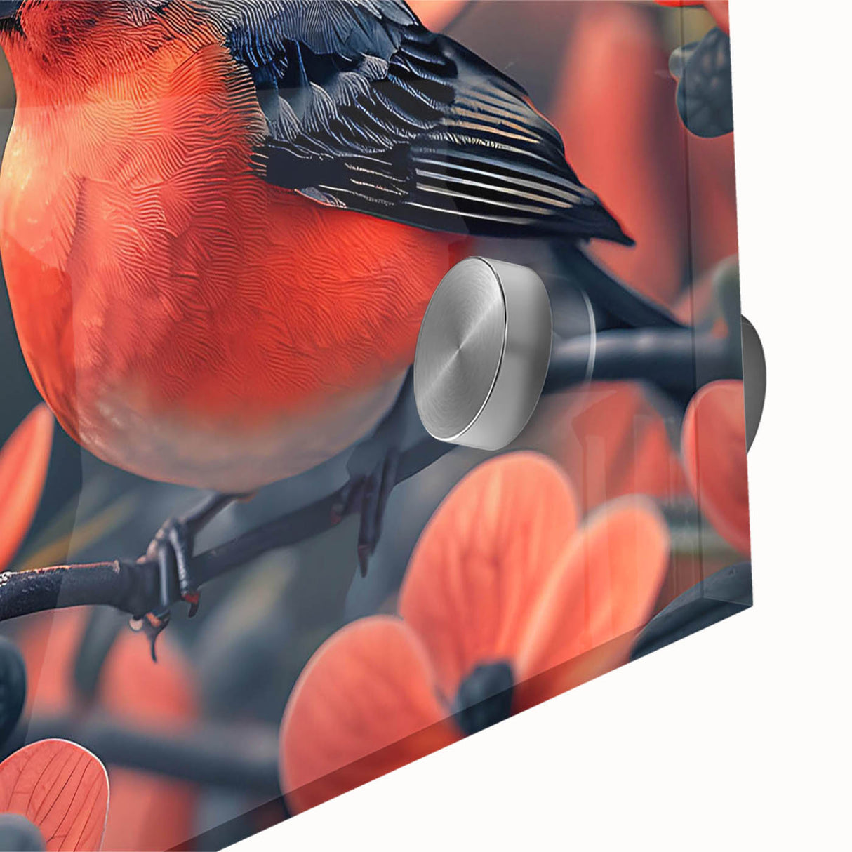 Close-up of a vibrant tropical birds wall art piece, showcasing intricate details and vivid colors on acrylic glass, perfect for enhancing home decor.