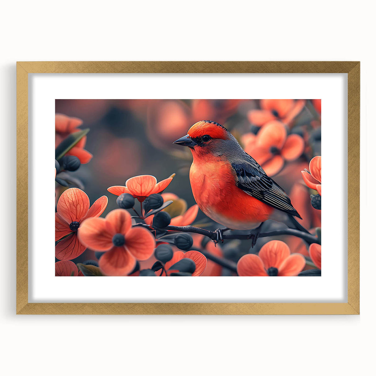 Tropical wall art design featuring vibrant birds in a gold frame with matting, perfect for enhancing home decor with a touch of nature-inspired elegance.