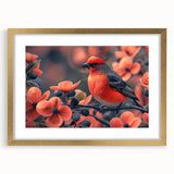 Tropical wall art design featuring vibrant birds in a gold frame with matting, perfect for enhancing home decor with a touch of nature-inspired elegance.