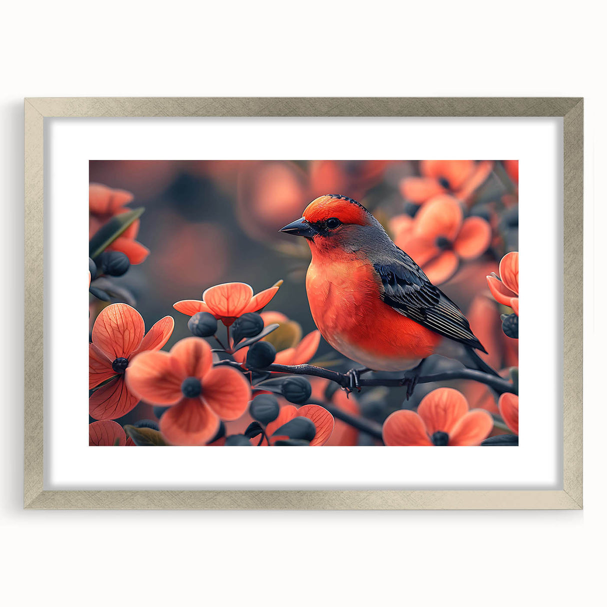 Tropical wall art collection featuring colorful birds in a silver frame with a mat, showcasing vibrant designs that enhance any decor. Perfect for nature lovers.