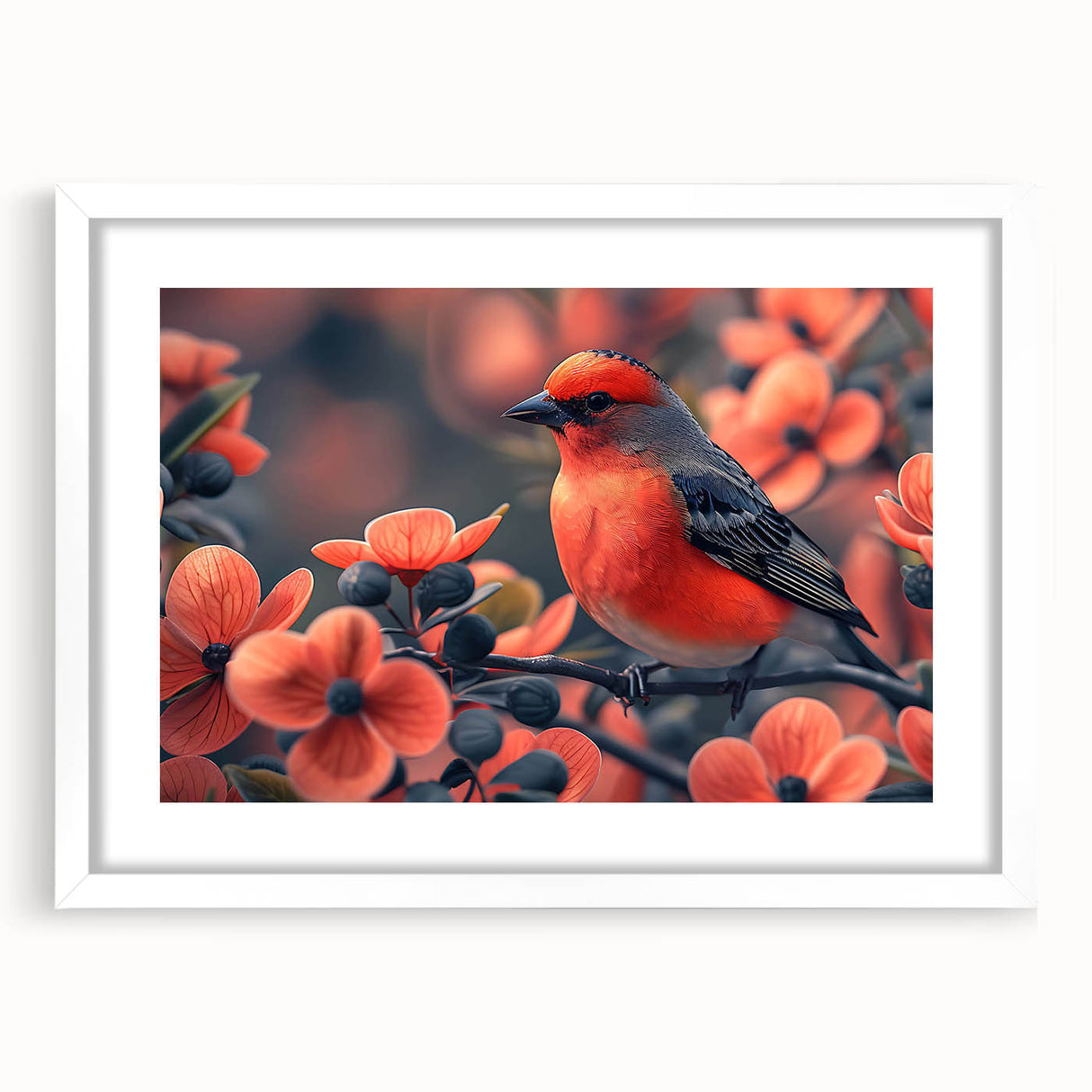 Framed wall art collection featuring a vibrant tropical bird design in a white mat and frame, ideal for enhancing home decor with a touch of nature.