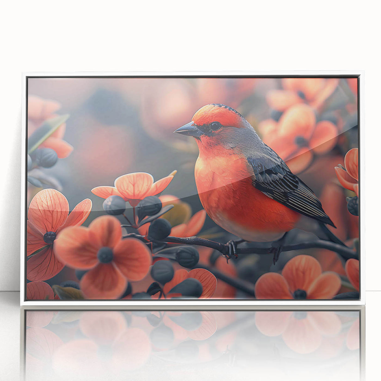 Framed acrylic wall art featuring a vibrant tropical bird design, showcasing colorful parrots and lush greenery, perfect for adding a lively touch to home decor.