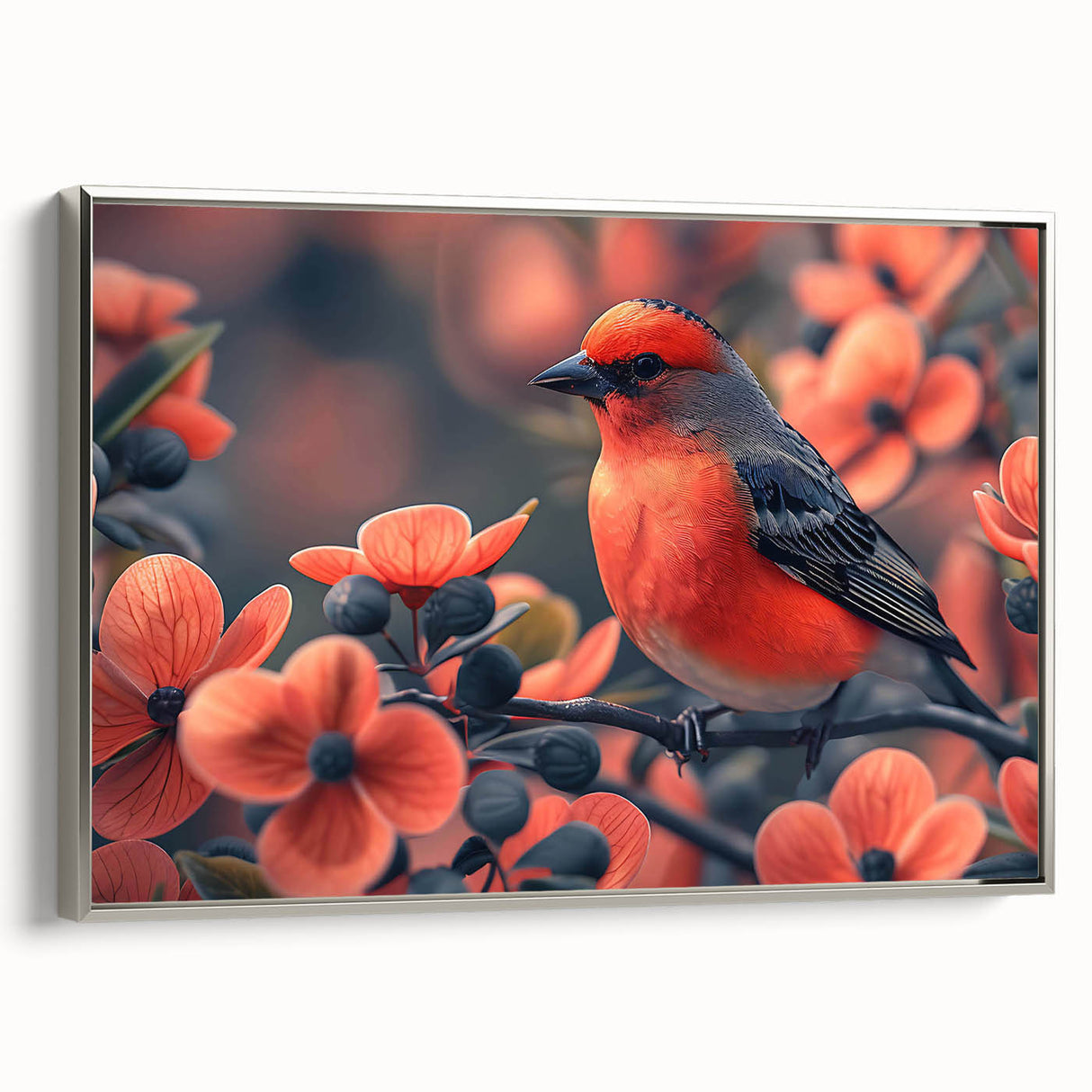 Framed canvas wall art depicting a vibrant tropical bird design with silver accents, showcasing a side view that highlights its modern aesthetic and intricate details. Ideal for enhancing home decor with a colorful, nature-inspired theme.