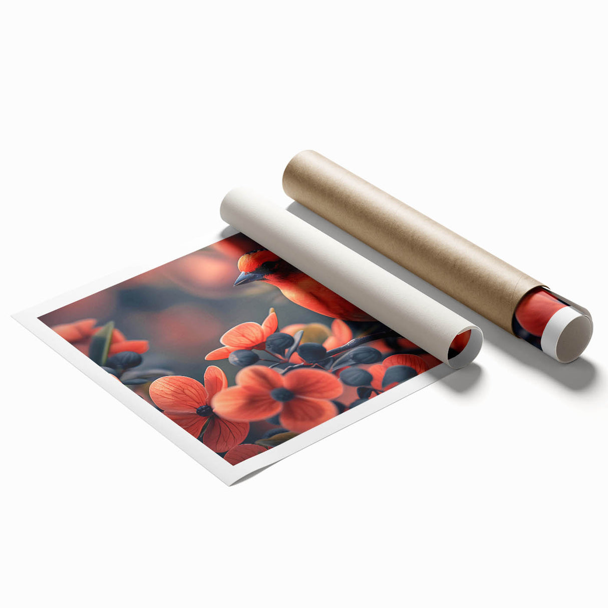 Tropical birds wall art print showcasing vibrant colors and intricate designs, ideal for home decor; rolled and packaged in a protective cardboard tube.