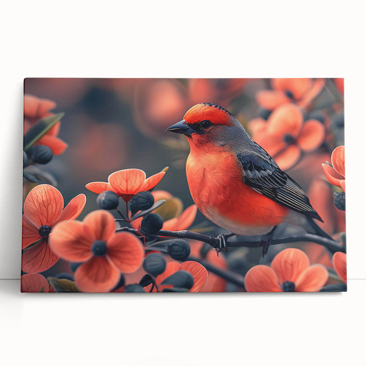 Tropical bird wall art design featuring vibrant colors and intricate details on stretched canvas, ideal for home decor or art enthusiasts. The piece captures a lively tropical scene with exotic birds, enhancing any interior aesthetic.
