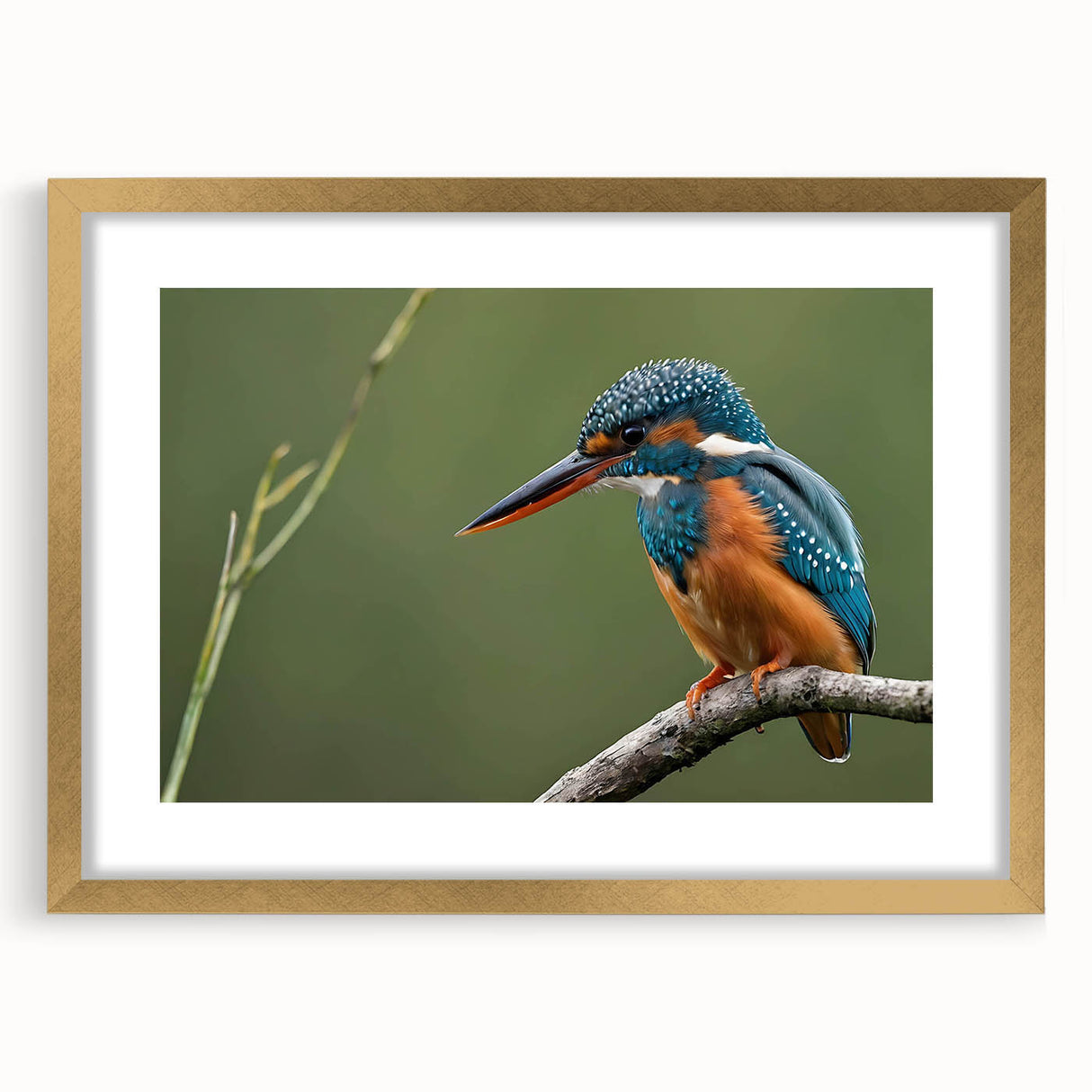 Tropical bird wall art framed in gold with a mat, showcasing vibrant colors and intricate designs, perfect for home decor or art enthusiasts. Ideal for brightening any living space with a touch of nature.