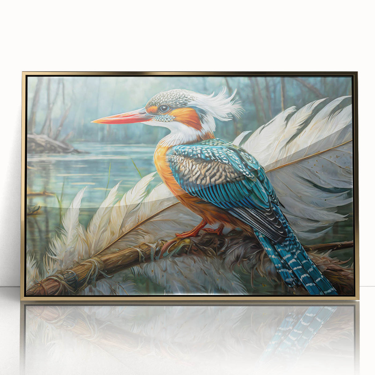 Framed tropical bird wall art showcasing vibrant colors and intricate designs, featuring a gold acrylic front that enhances its elegance, perfect for home decor.
