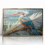 Framed tropical bird wall art showcasing vibrant colors and intricate designs, featuring a gold acrylic front that enhances its elegance, perfect for home decor.