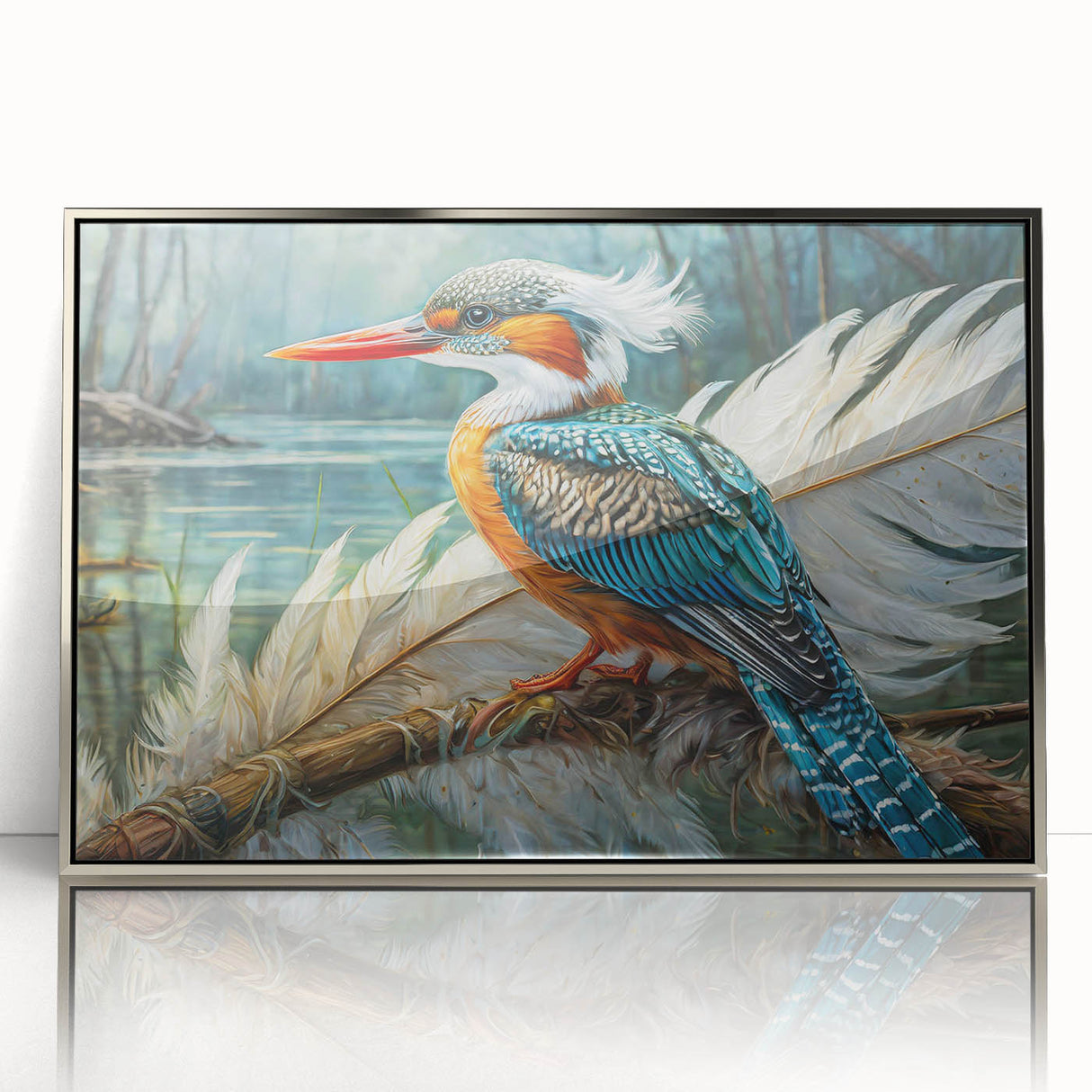 Framed acrylic wall art featuring a vibrant tropical bird design with silver accents, perfect for enhancing modern home decor. Ideal for nature lovers and art enthusiasts.