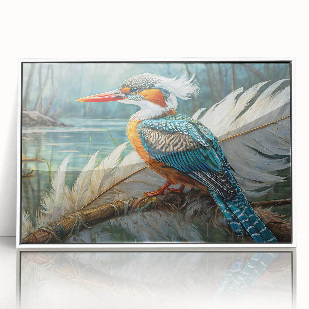 Tropical bird wall art collection featuring vibrant colors and intricate designs, framed in white acrylic for a modern aesthetic, perfect for home decor.