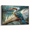 Framed canvas wall art showcasing vibrant tropical birds in a black frame, designed to enhance modern decor. Ideal for nature enthusiasts and art lovers.