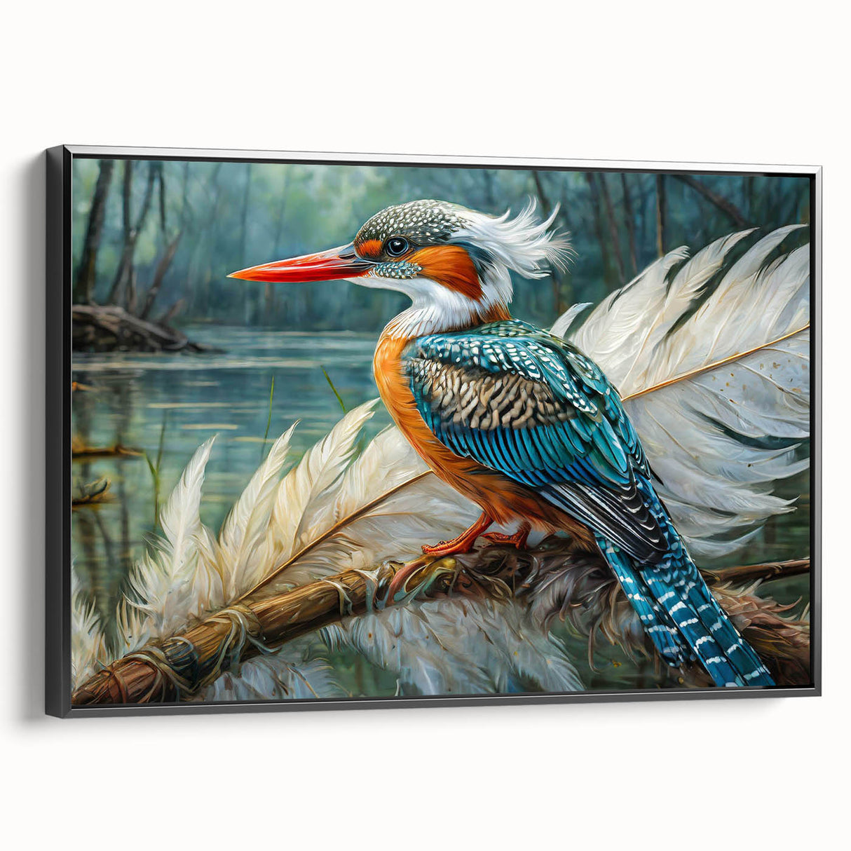 Framed canvas wall art showcasing vibrant tropical birds in a black frame, designed to enhance modern decor. Ideal for nature enthusiasts and art lovers.