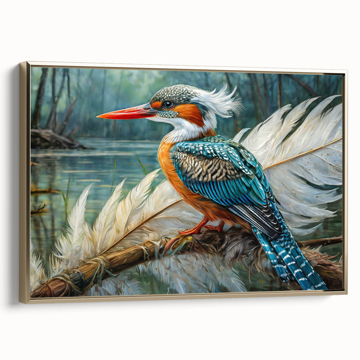Framed wall art featuring a vibrant tropical bird design with gold accents, showcasing a side view of the canvas that enhances its artistic depth and elegance.