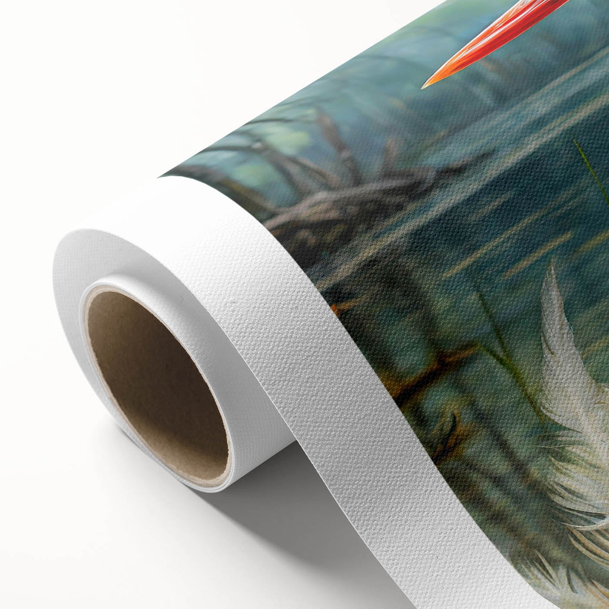 Vibrant rolled canvas showcasing a tropical bird design with bright colors and intricate details, ideal for enhancing home decor and wall art collections.