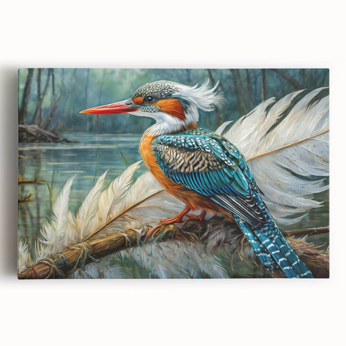 Vibrant tropical birds design on a stretched canvas wall art piece, showcasing vivid colors and intricate details, perfect for brightening any space.