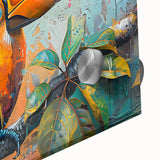 Vibrant close-up of a tropical bird-themed wall art piece featuring intricate details and vivid colors, set against a sleek acrylic glass background, ideal for home decor.