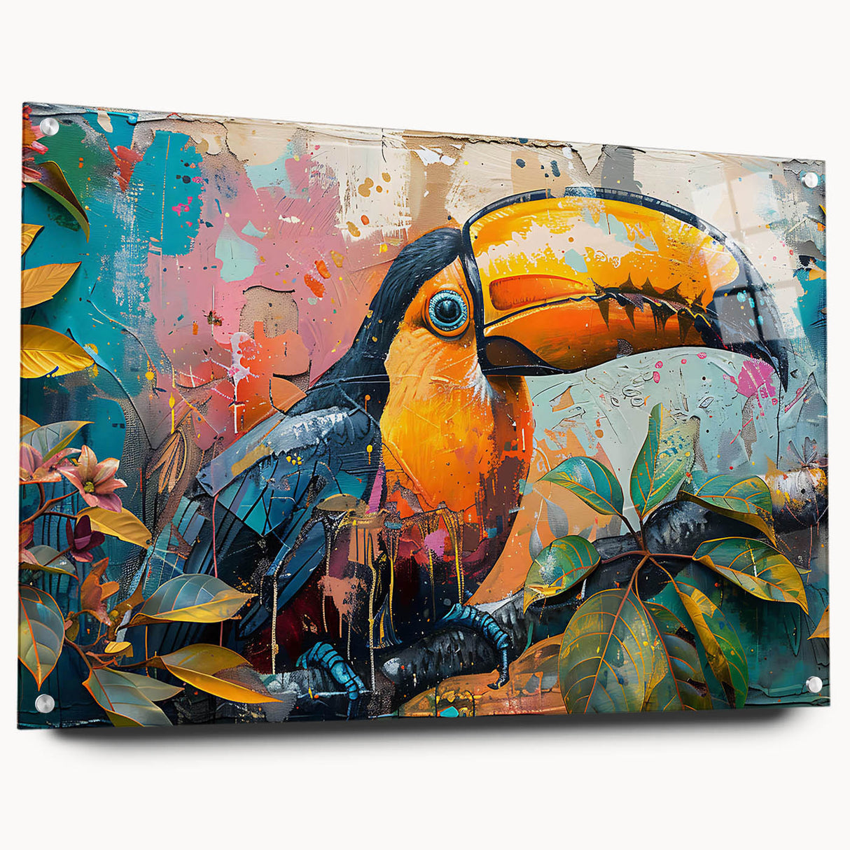 Tropical bird wall art design displayed in a sleek acrylic glass frame, showcasing vibrant colors and intricate details, perfect for enhancing modern decor.