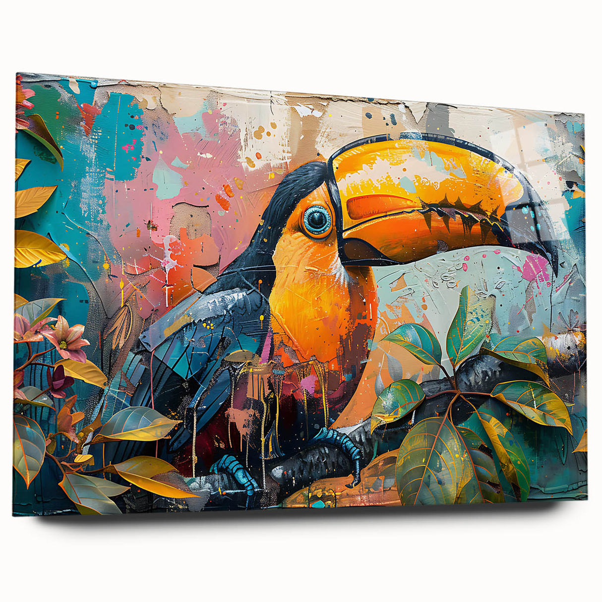 Vibrant tropical birds wall art collection displayed in an acrylic glass frame, showcasing colorful parakeets and exotic foliage, perfect for brightening any room.