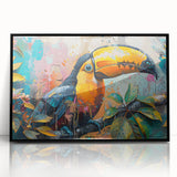 Framed wall art featuring a vibrant tropical birds design with a black frame, showcasing colorful avian illustrations against a light background, perfect for home decor.