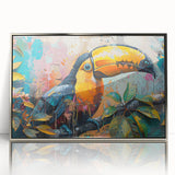 Framed wall art featuring a vibrant tropical bird design in a silver acrylic frame, showcasing colorful plumage and intricate details, perfect for home decor.