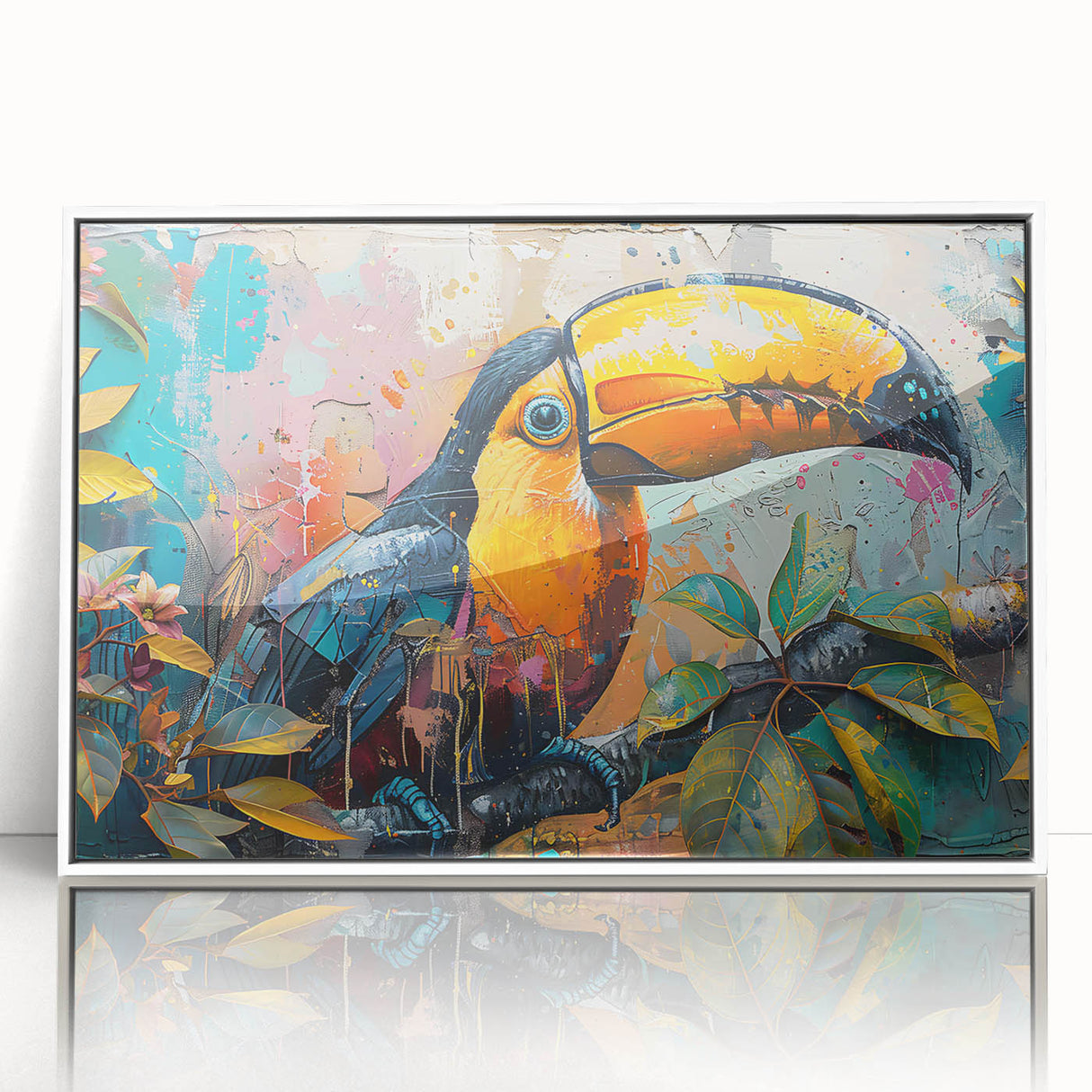 Framed acrylic wall art showcasing a vibrant tropical bird design, featuring lush colors and intricate details, ideal for enhancing modern home decor.