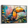 Framed canvas wall art showcasing a vibrant tropical bird design with lush greenery, presented in a sleek black frame, ideal for home decor enthusiasts.