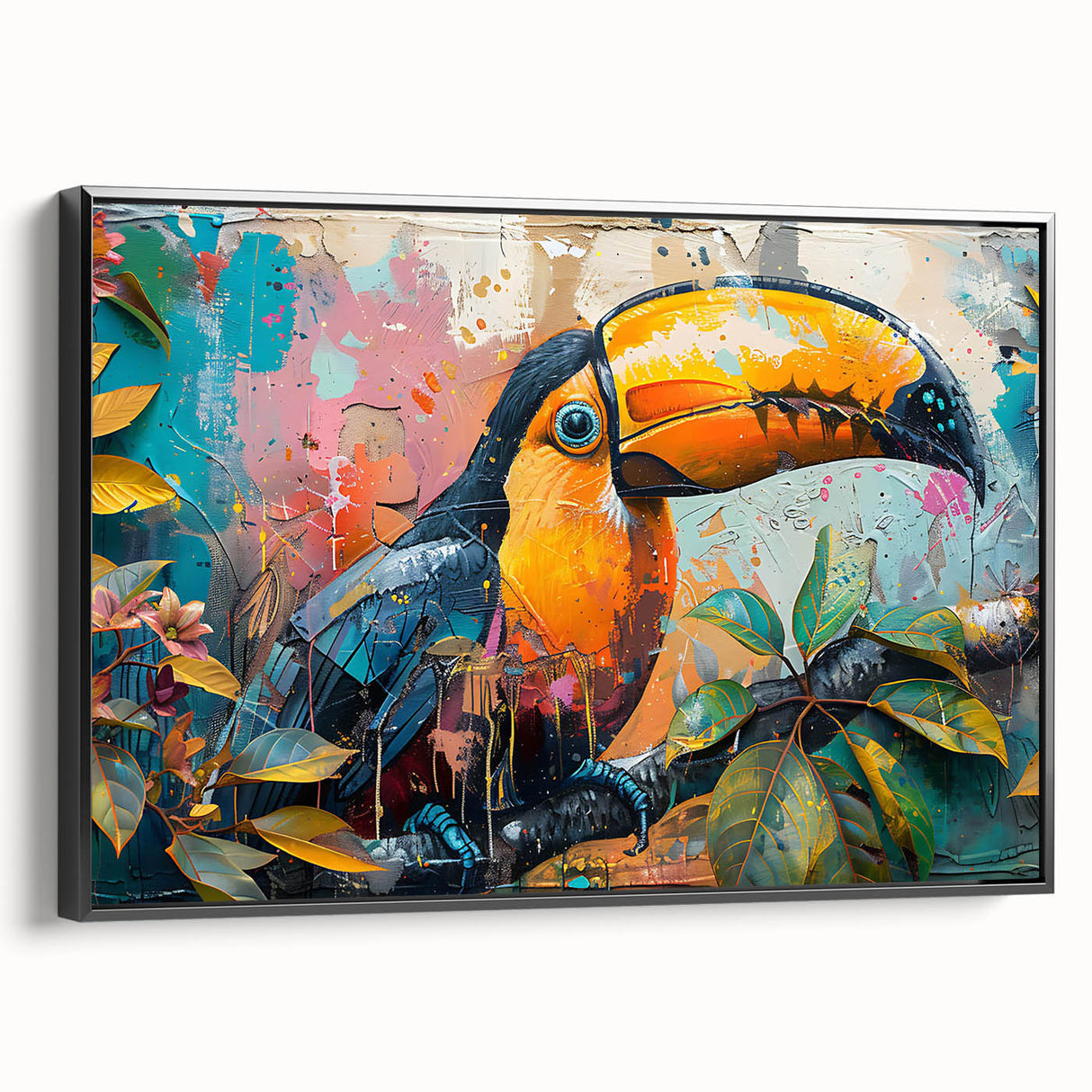 Framed canvas wall art showcasing a vibrant tropical bird design with lush greenery, presented in a sleek black frame, ideal for home decor enthusiasts.