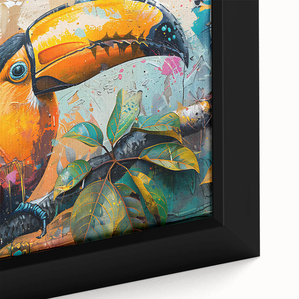 Close-up of a vibrant framed canvas showcasing a tropical bird design, featuring vivid colors and intricate details, perfect for enhancing home decor with a nature theme.