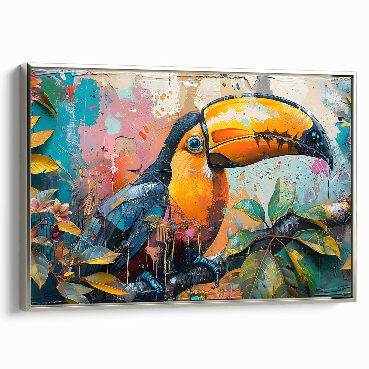 Framed canvas wall art showcasing a vibrant tropical birds design with intricate details, elegantly bordered in silver, ideal for enhancing home decor.