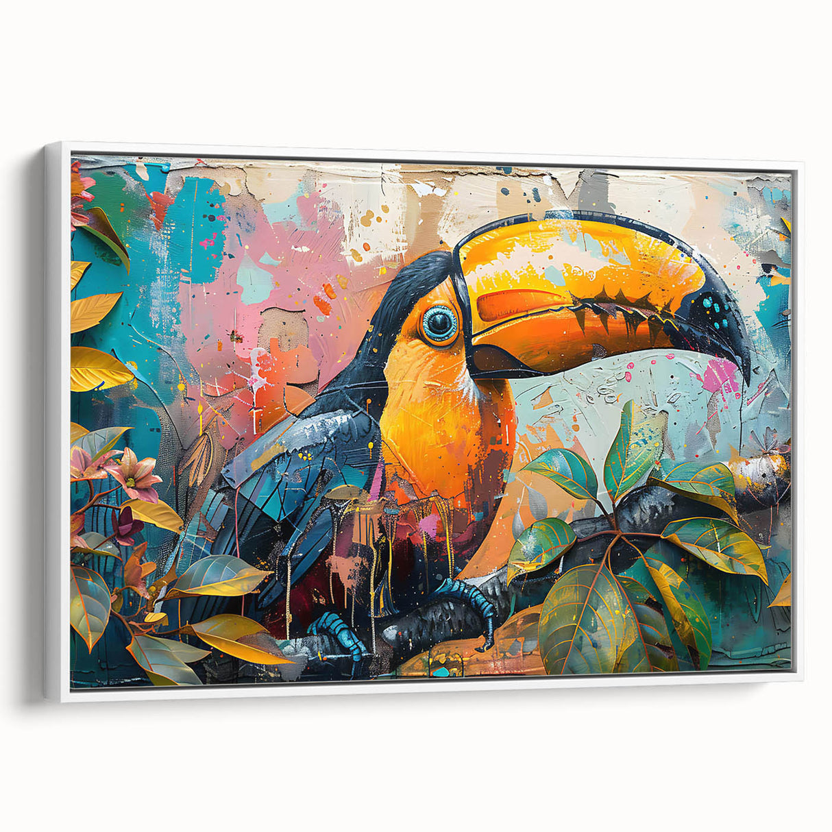 Framed canvas wall art featuring a vibrant tropical bird design, showcasing colorful parrots against a white background, perfect for brightening home decor.