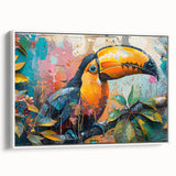 Framed canvas wall art featuring a vibrant tropical bird design, showcasing colorful parrots against a white background, perfect for brightening home decor.