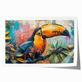 Vibrant tropical bird wall art featuring a colorful array of exotic birds perched among lush green foliage, ideal for home decor or nature-themed spaces.