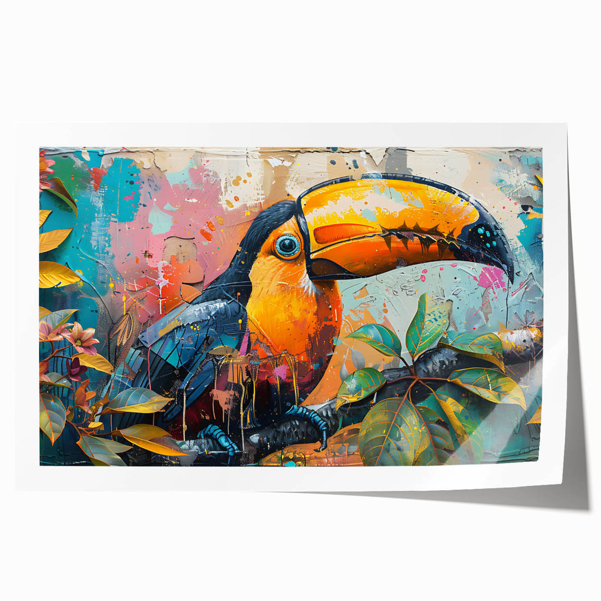Vibrant tropical bird wall art featuring a colorful array of exotic birds perched among lush green foliage, ideal for home decor or nature-themed spaces.