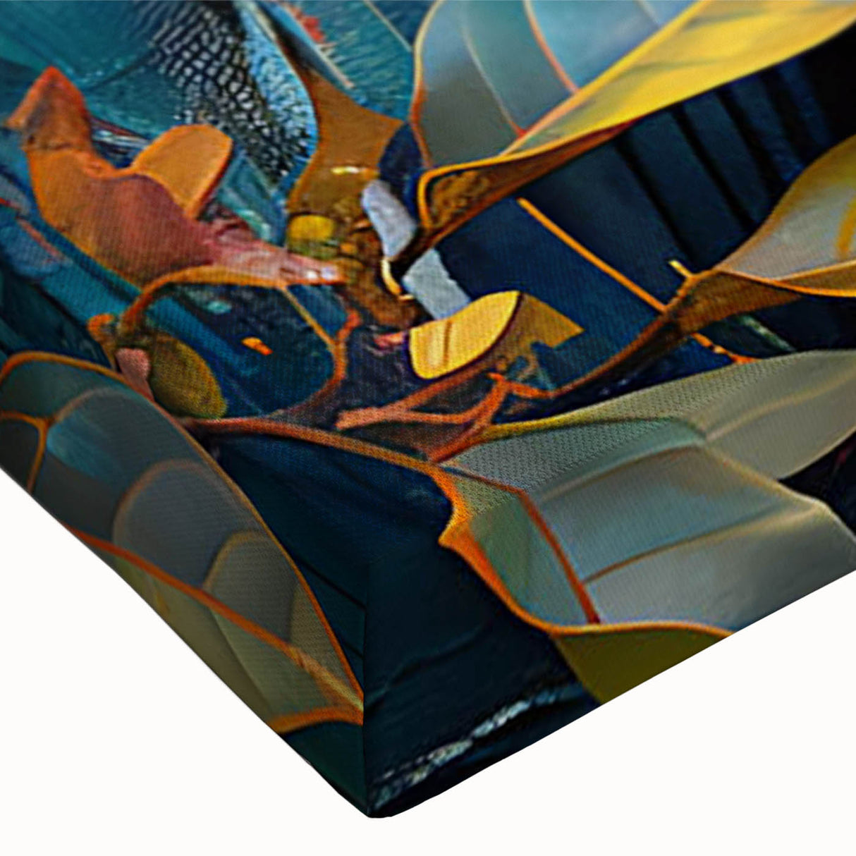 Close-up of a vibrant tropical bird wall art design on stretched canvas, showcasing rich colors and intricate details, ideal for enhancing home decor.