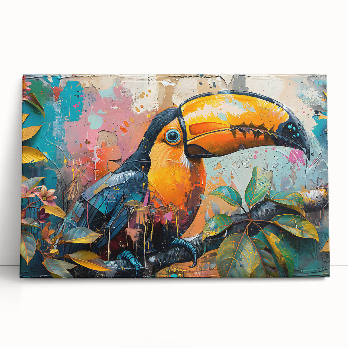 Vibrant tropical birds wall art design displayed on a stretched canvas, featuring lush greens and colorful feathers, perfect for home decor or a nature-themed room.
