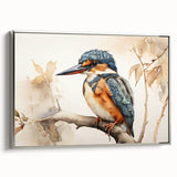 Framed canvas wall art showcasing a vibrant tropical bird design, featuring bright colors and intricate details, elegantly displayed with a silver frame. Ideal for adding a lively touch to any home decor.