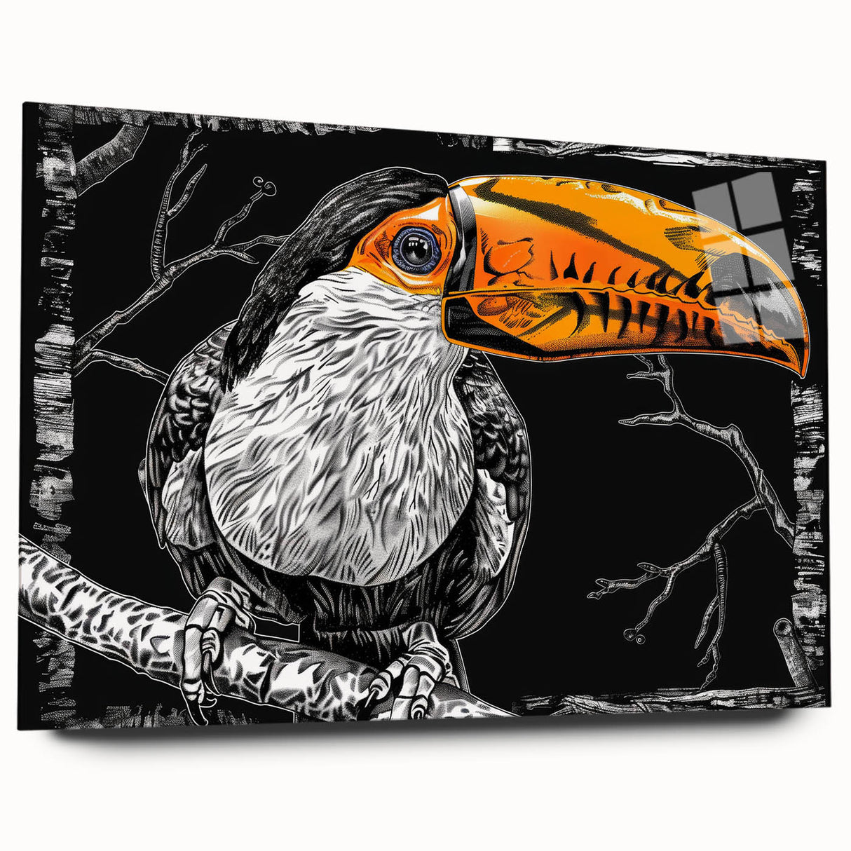 Vibrant acrylic glass wall art featuring a tropical bird design, showcasing a colorful array of exotic birds against a lush backdrop, ideal for home decor.