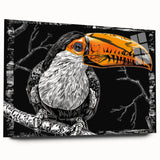 Vibrant acrylic glass wall art featuring a tropical bird design, showcasing a colorful array of exotic birds against a lush backdrop, ideal for home decor.