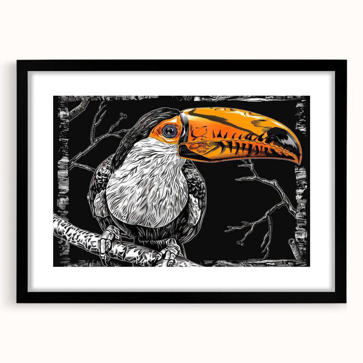 Tropical birds wall art collection framed in black, showcasing vibrant bird designs with a mat for an elegant finish, perfect for home decor.