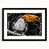 Tropical birds wall art collection framed in black, showcasing vibrant bird designs with a mat for an elegant finish, perfect for home decor.
